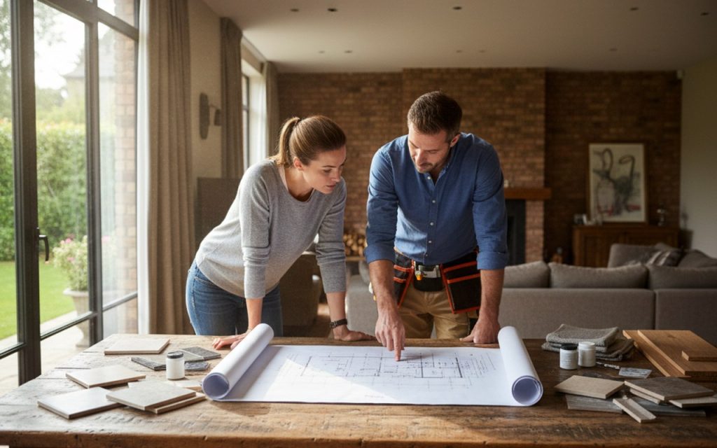 Artisan et propriétaire discutant des travaux de rénovation pour un devis