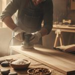 Artisan utilisant une aérogommeuse sur du bois pour un décapage précis.