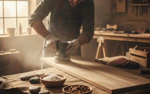Artisan utilisant une aérogommeuse sur du bois pour un décapage précis.