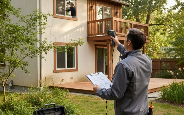 Expert en diagnostic énergétique examinant un bâtiment résidentiel pour évaluer sa performance énergétique.