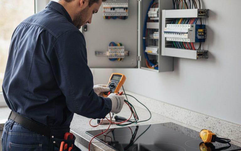 Électricien vérifiant les fils d'une plaque de cuisson moderne pour un branchement sécurisé.