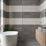 Carrelage moderne dans des toilettes avec une palette de couleurs harmonieuses et une finition brillante.
