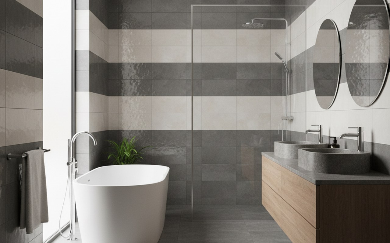 Carrelage moderne dans des toilettes avec une palette de couleurs harmonieuses et une finition brillante.