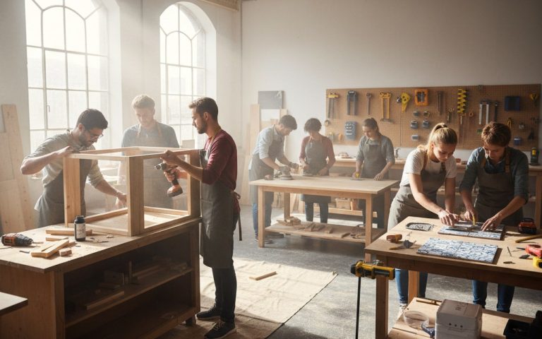 Participants d'un stage de bricolage travaillant sur un projet pratique en groupe.