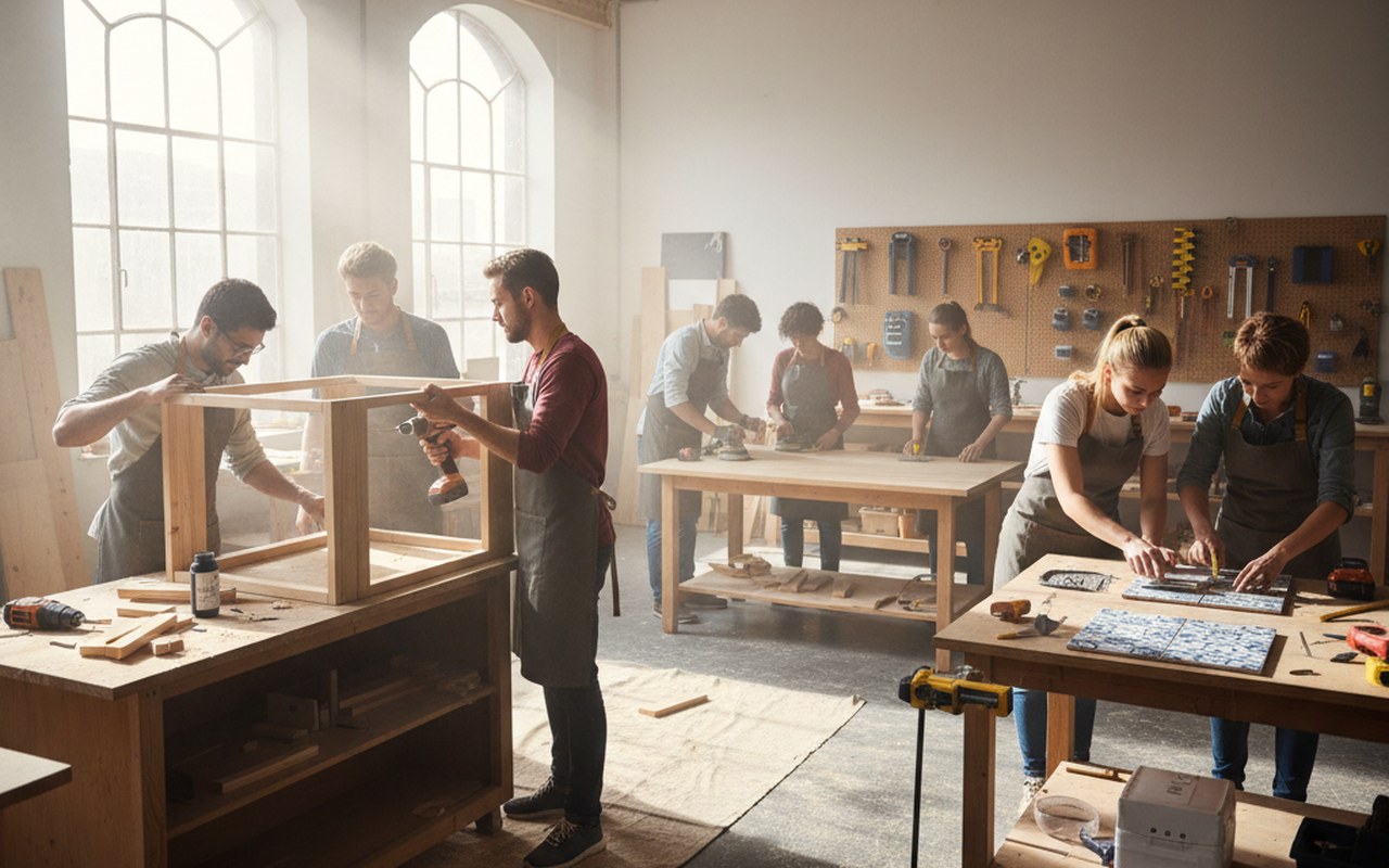Participants d'un stage de bricolage travaillant sur un projet pratique en groupe.