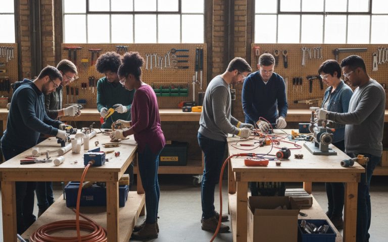 Adultes en formation pratique de bricolage dans un atelier, apprenant des techniques de plomberie et d'électricité.