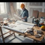 Un propriétaire préparant son projet de rénovation avec des plans et des outils de construction.