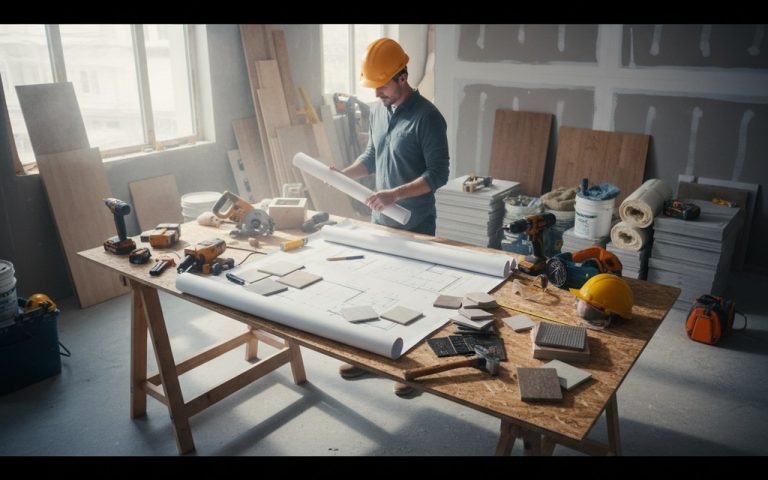 Un propriétaire préparant son projet de rénovation avec des plans et des outils de construction.