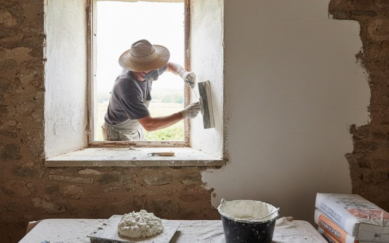 Artisan posant un enduit sur une embrasure de fenêtre, illustrant la technique de pose.