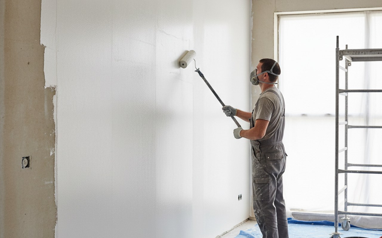 Un bricoleur utilisant un rouleau pour appliquer de l'enduit sur un mur intérieur.
