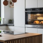 Cuisine moderne avec un four encastrable en action, mettant en avant des plats cuisinés.