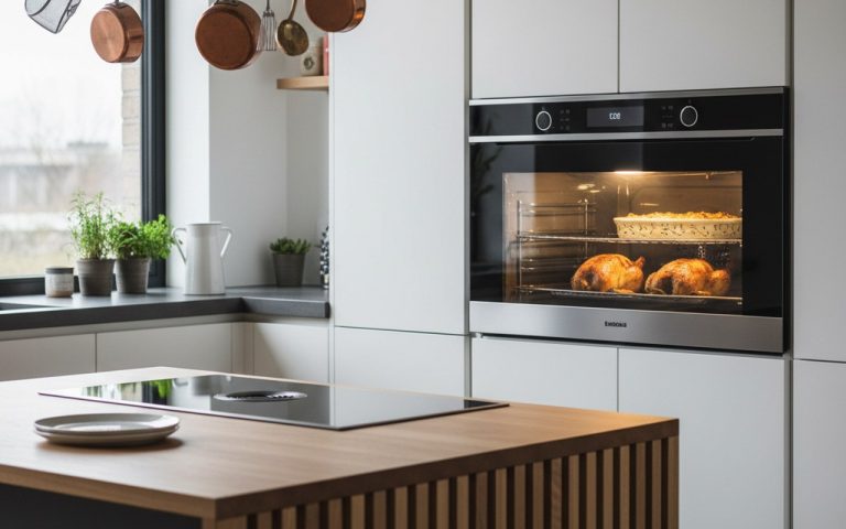 Cuisine moderne avec un four encastrable en action, mettant en avant des plats cuisinés.