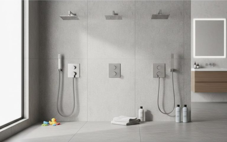 Mitigeur de douche à différentes hauteurs pour un confort optimal dans une salle de bain moderne.