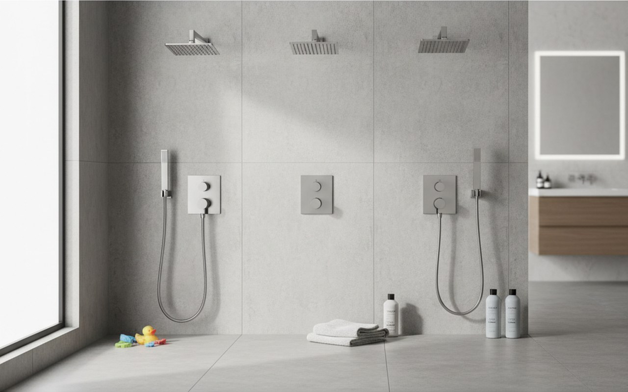 Mitigeur de douche à différentes hauteurs pour un confort optimal dans une salle de bain moderne.