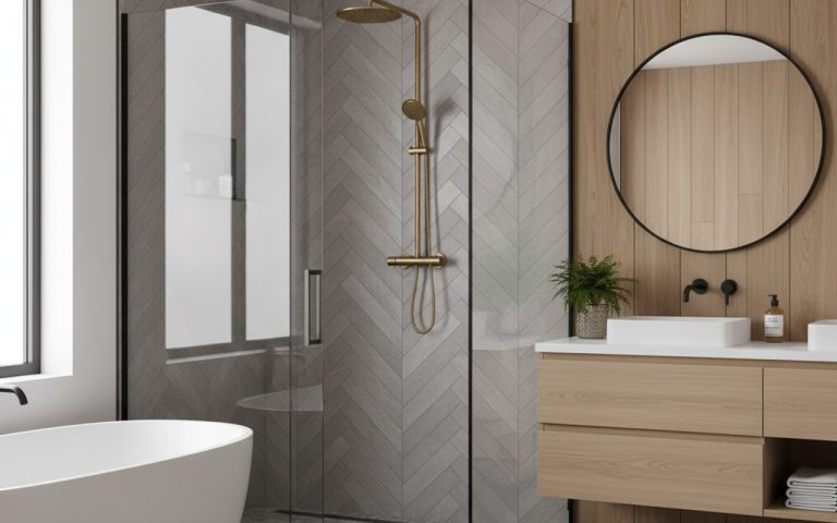 Salle de bain moderne avec douche à l'italienne et robinet à hauteur ergonomique.