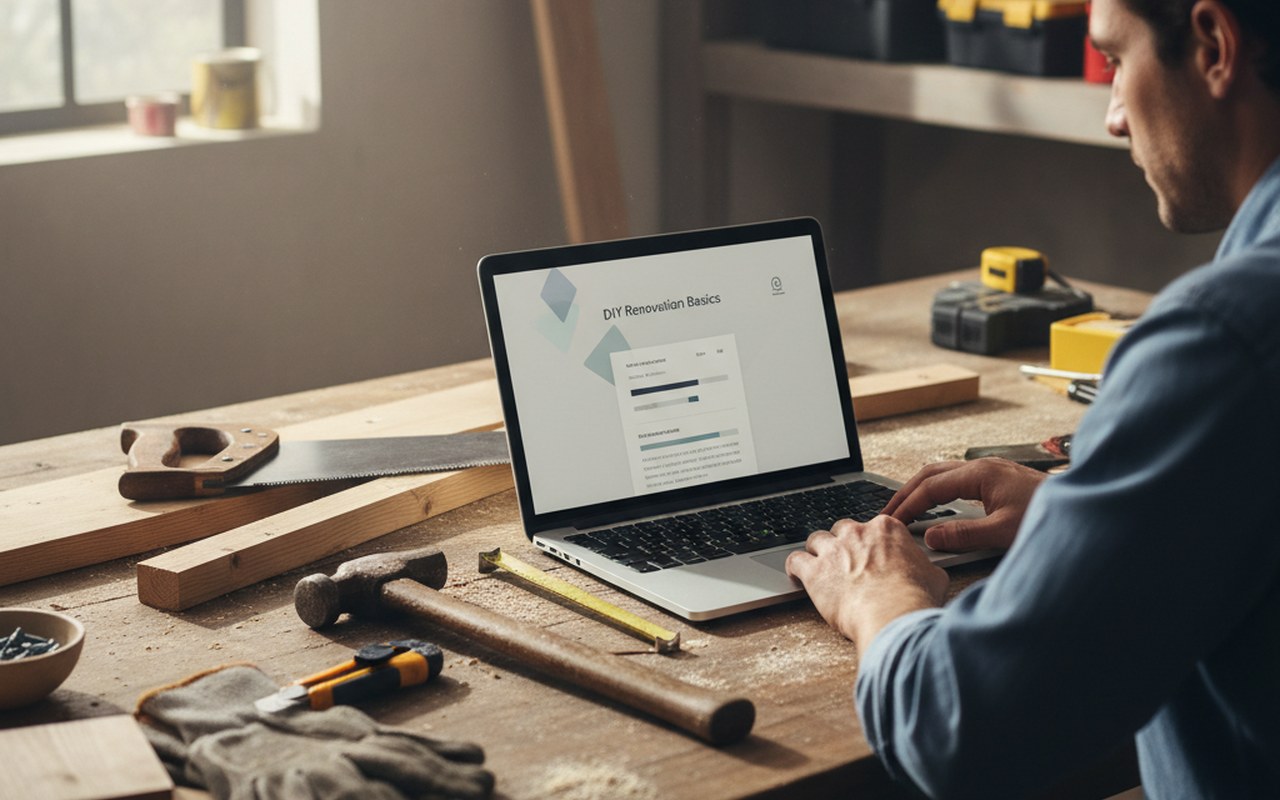 Un utilisateur suit une formation en ligne de bricolage avec des outils autour de lui.