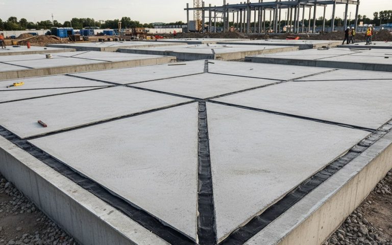 Chantier avec dalles en béton et joints de dilatation pour prévenir les fissures.