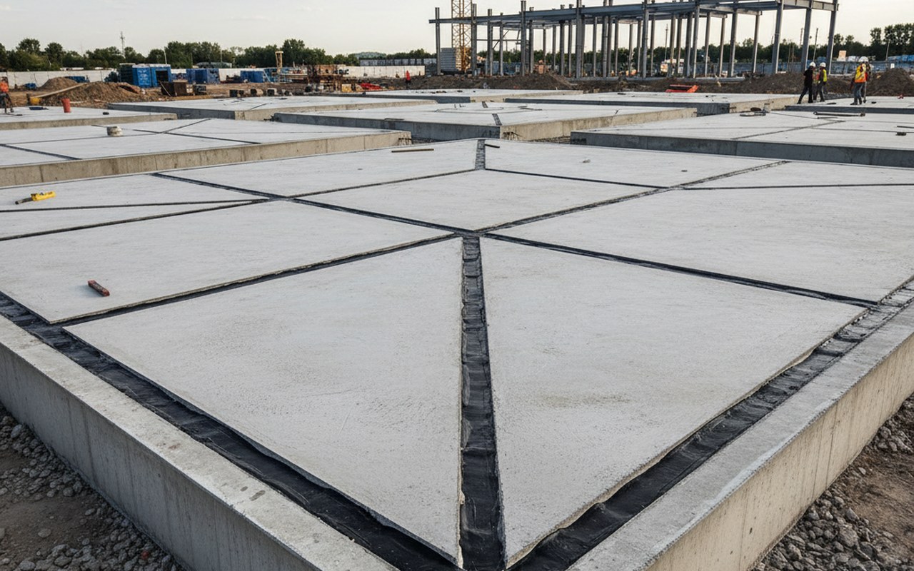 Chantier avec dalles en béton et joints de dilatation pour prévenir les fissures.