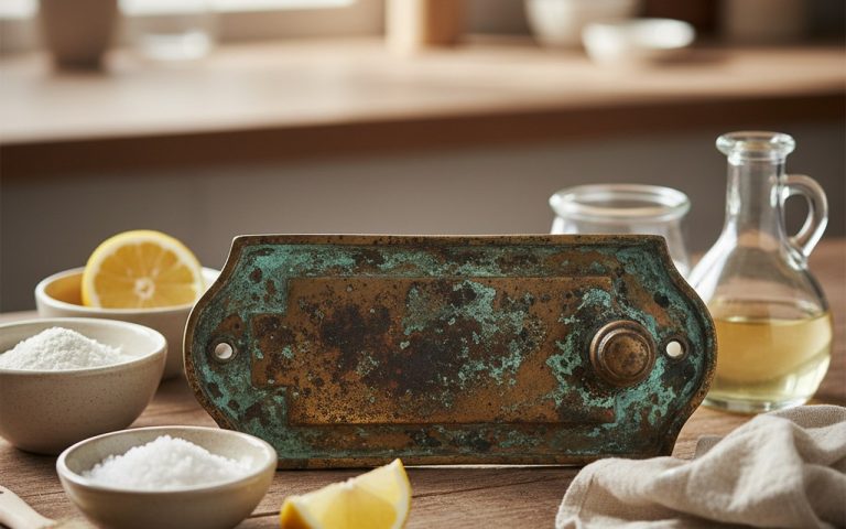 Objet en laiton oxydé avec produits de nettoyage naturels à proximité.