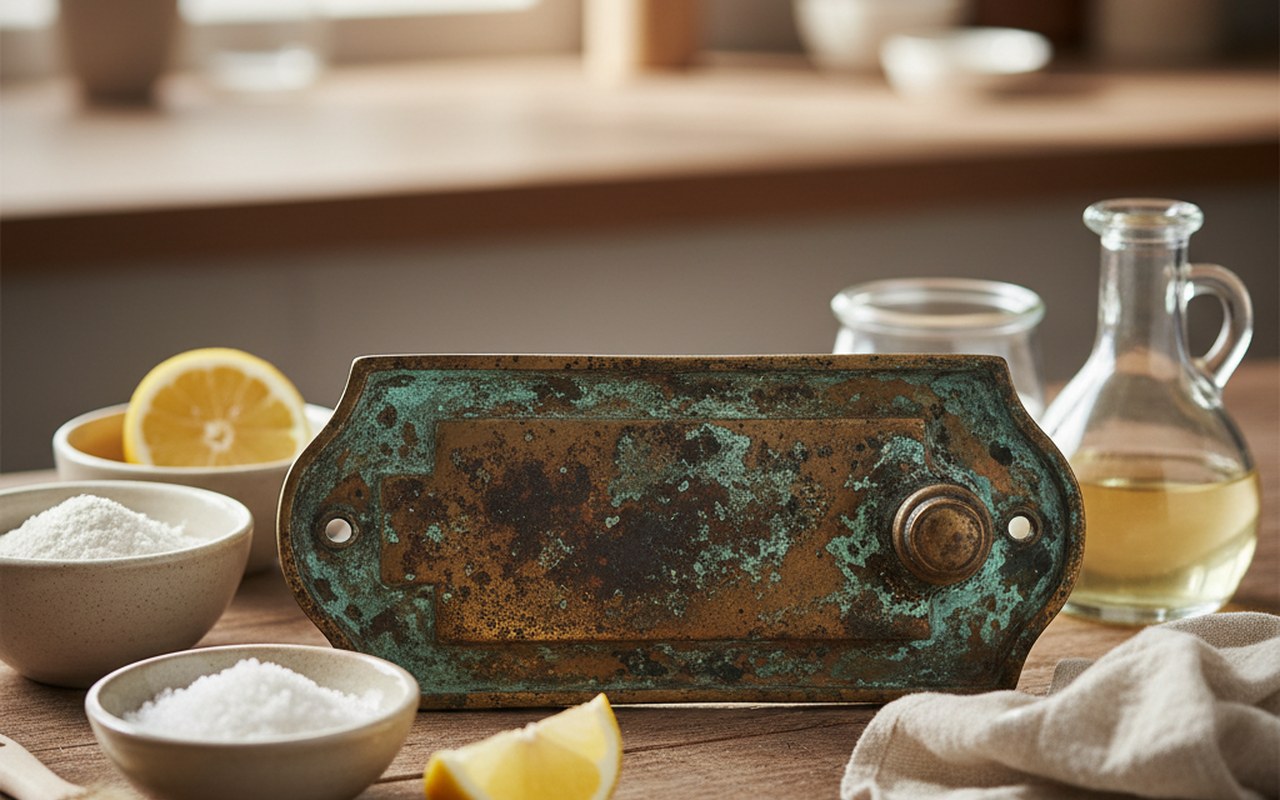 Objet en laiton oxydé avec produits de nettoyage naturels à proximité.