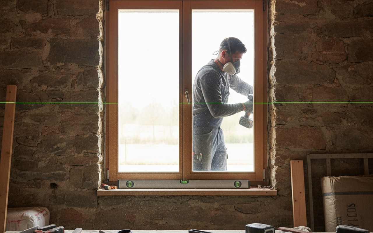 Artisan posant une fenêtre en applique sur un mur avec des outils de mesure.