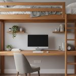 Lit mezzanine 2 places en bois avec un bureau en dessous dans une chambre moderne.