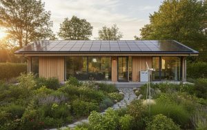 Maison moderne avec toit solaire, symbole d'autonomie énergétique et de durabilité.