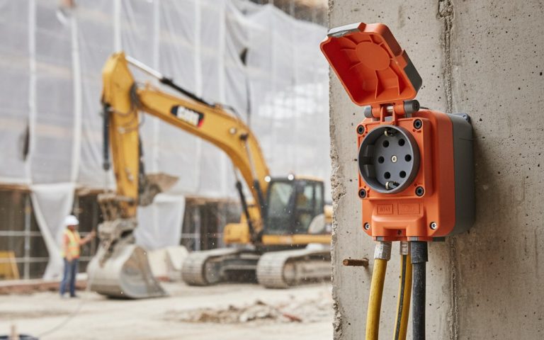 Prise 5 broches installée sur un mur de chantier avec équipements industriels en arrière-plan.