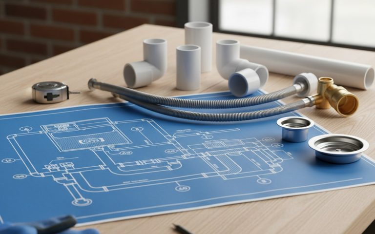 Illustration réaliste sur Schéma d'évacuation évier et lave-vaisselle : guide complet d'installation et normes