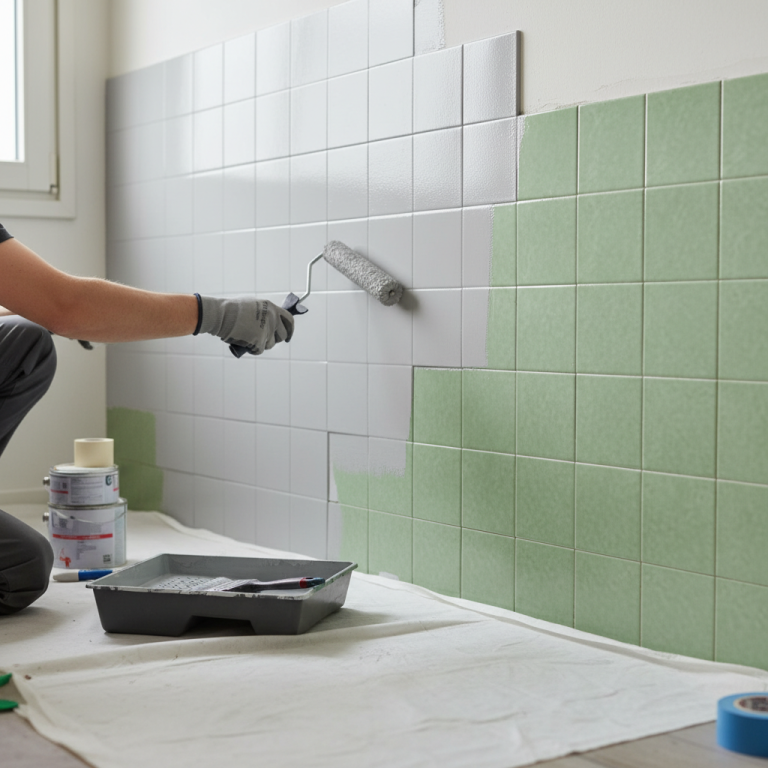 Illustration réaliste sur Peindre le carrelage d'une salle de bain : une solution rapide mais temporaire