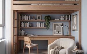 Chambre mezzanine adulte avec espace de travail et coin détente, optimisant l'espace dans un petit appartement.