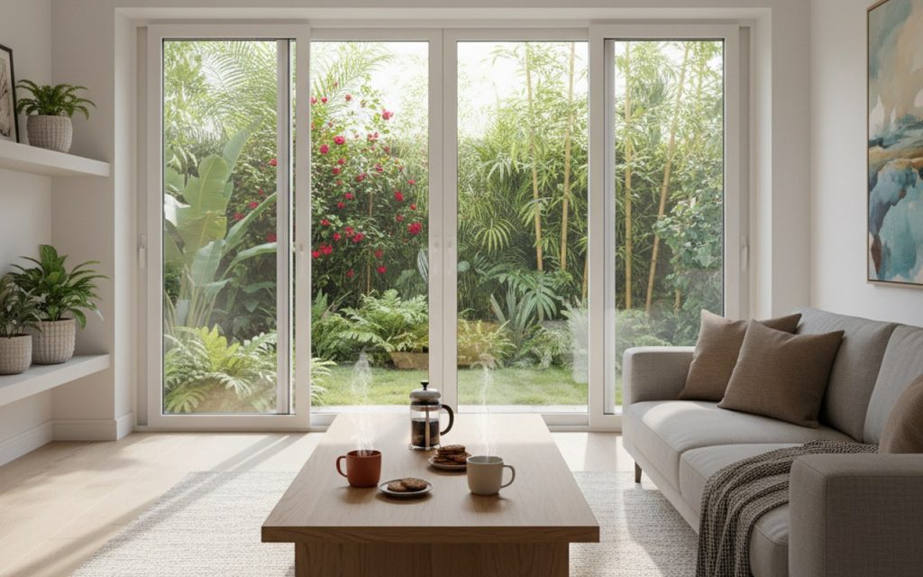 Intérieur moderne avec fenêtre coulissante en PVC ouverte sur un jardin verdoyant.