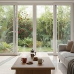 Intérieur moderne avec fenêtre coulissante en PVC ouverte sur un jardin verdoyant.