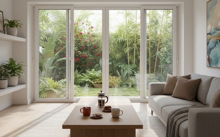 Intérieur moderne avec fenêtre coulissante en PVC ouverte sur un jardin verdoyant.