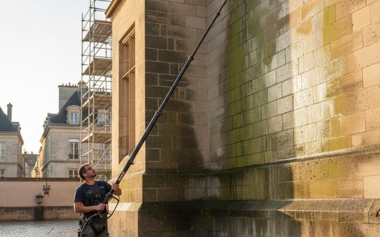 Utilisation d'une lance télescopique Kärcher pour nettoyer une façade en hauteur.