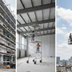 Chantier de construction avec différents types d'échafaudages en action pour divers travaux.