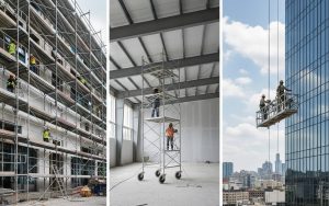 Chantier de construction avec différents types d'échafaudages en action pour divers travaux.