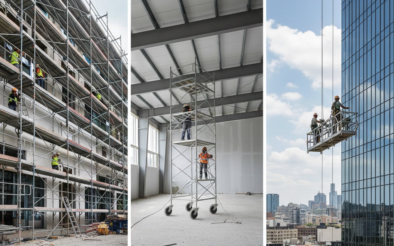 Chantier de construction avec différents types d'échafaudages en action pour divers travaux.