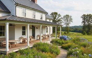 Maison de style Farmhouse américaine avec porche et jardin verdoyant.