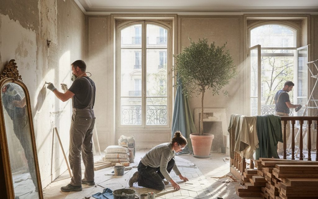 Scène de rénovation intérieure avec artisans et matériaux de construction.