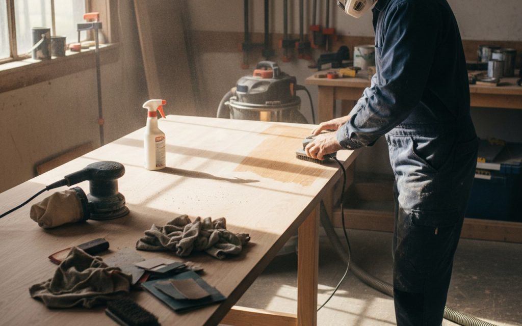 Préparation d'un plan de travail en bois pour peinture avec outils de bricolage.
