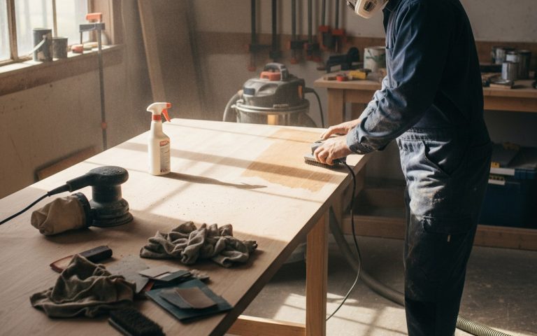 Préparation d'un plan de travail en bois pour peinture avec outils de bricolage.